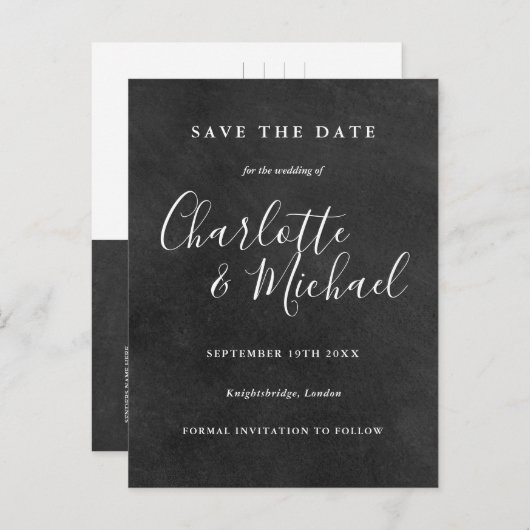 Chalkboardシグネチャースクリプトウェディング日付を保存 案内ポストカード (正面/裏面)