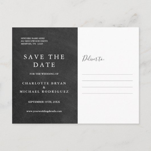 Chalkboardシグネチャースクリプトウェディング日付を保存 案内ポストカード (裏面)