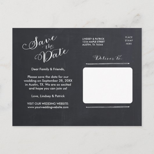 Chalkboardスクリプトモダンタイポグラフィ日付の保存 案内ポストカード (裏面)