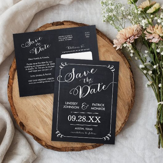 Chalkboardスクリプトモダンタイポグラフィ日付の保存 案内ポストカード