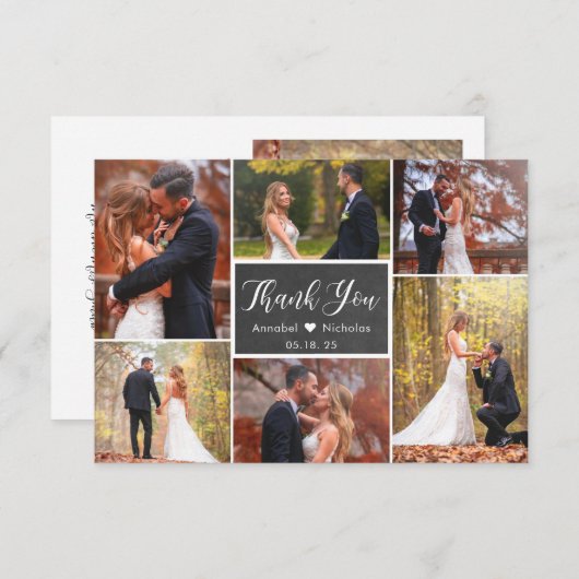 Chalkboardスクリプ素朴ト6フォトコラージュ結婚ズ サンキューカード (正面/裏面)