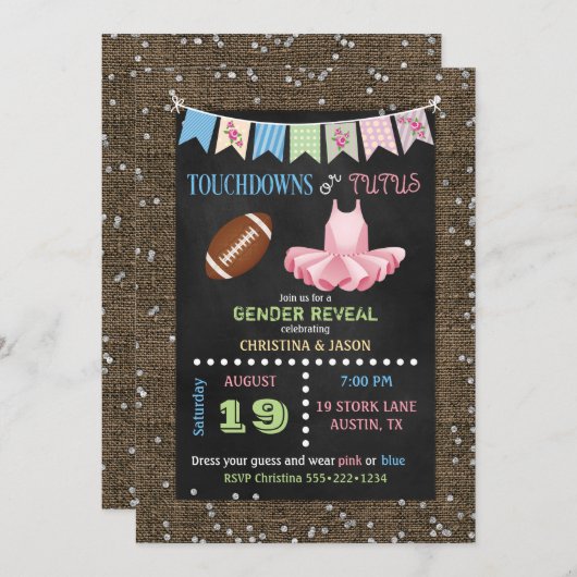 ChalkboardタッチダウンまたはTutusジェンダーの表示 招待状 (正面/裏面)