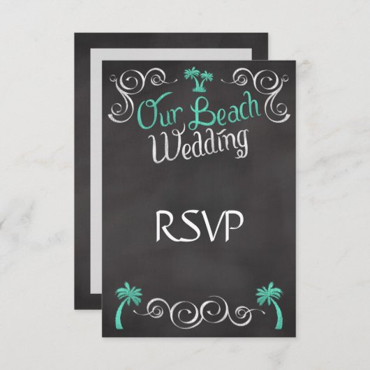 Chalkboardティール（緑がかった色）ビーチ結婚式マッチングRSVP返信 出欠カード (正面/裏面)
