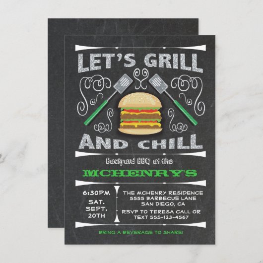 ChalkboardバックヤードバーベキューBBQパーティの招待状 招待状 (正面/裏面)