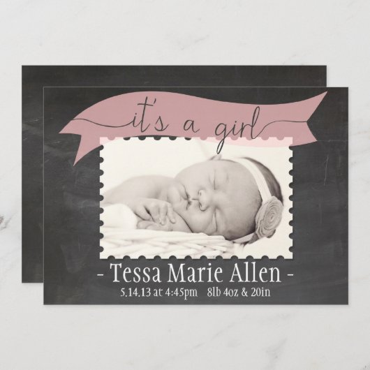 Chalkboardバナーガール誕生のお知らせ 案内状 (正面/裏面)