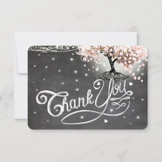 Chalkboardピンクハートリーフ結婚ツリーありがとう サンキューカード (裏面)