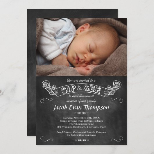 ChalkboardフォトSipと表示パーティー 招待状 (正面/裏面)