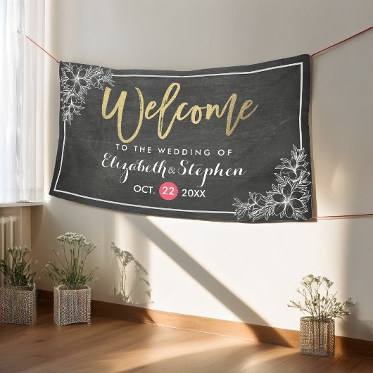Chalkboardフローラシック金ゴールドス結婚クリプトへようこそ 横断幕