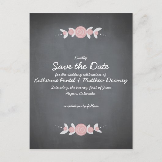 Chalkboardフローラリース日付の保存 案内ポストカード (正面)