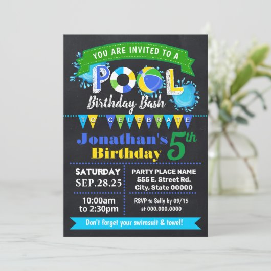 Chalkboardブループール誕生日サマーバッシュ 招待状 (スタンド正面)