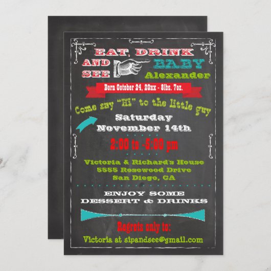 Chalkboardベビー発表Sipと表示招待状 招待状 (正面/裏面)