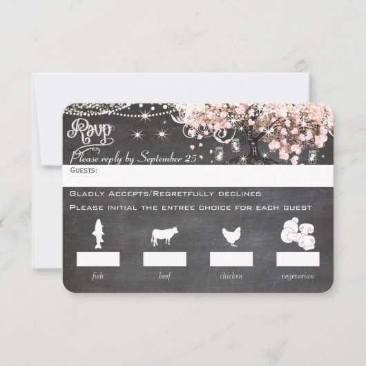 Chalkboardメニュー選択ピンクのハートリーフツリーRSVP 出欠カード (正面)