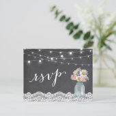 Chalkboardライツメイソンジャールフローラ結婚式RSVP インビテーションポストカード (スタンド正面)