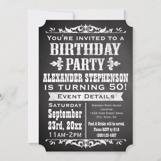 ChalkboardヴィンテージBlackboardテーマ誕生日パーティー 招待状 (正面)