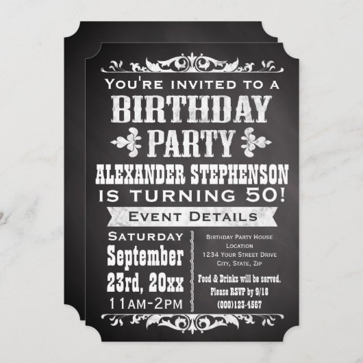 ChalkboardヴィンテージBlackboardテーマ誕生日パーティー 招待状 (正面/裏面)