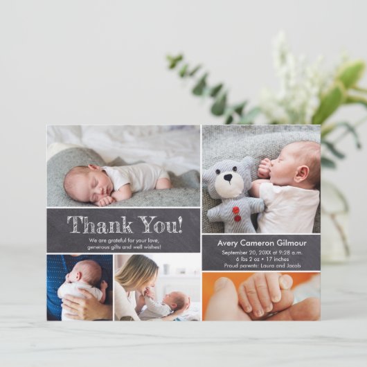 Chalkboard写真モダン男の赤ちゃんありがとう サンキューカード (スタンド正面)