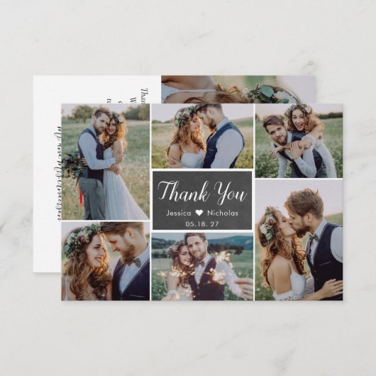 Chalkboard素朴スクリプト6フォトコラージュ結婚ズ サンキューカード (正面/裏面)