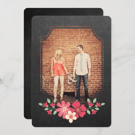 Chalkboard素朴フローラ保存日付タイポグラフィ 招待状 (正面/裏面)