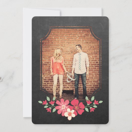 Chalkboard素朴フローラ保存日付タイポグラフィ 招待状 (正面)