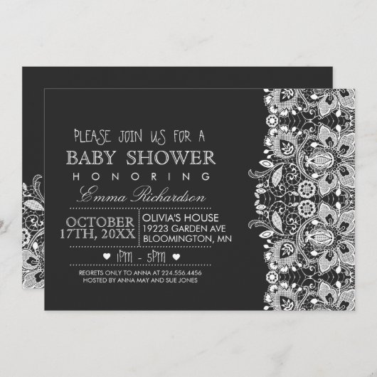 Chalkboard & ヴィンテージレースベビーシャワーの招待 招待状 (正面/裏面)