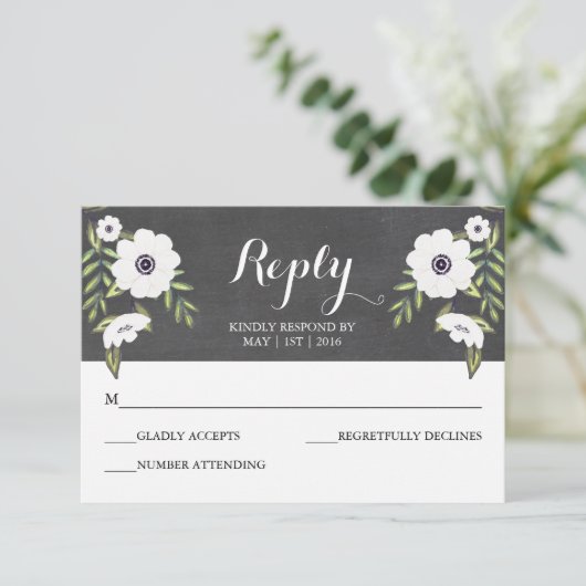 Chalkboard 絵を描 Anemones - RSVPカード (スタンド正面)