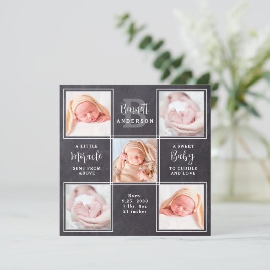 Chalkboard 5フォトコラージュ新生児統計誕生 サンキューカード (スタンド正面)