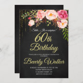 Chalkboard 60thサプライズフローラ女性誕生日 招待状 (正面/裏面)