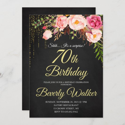 Chalkboard 70thサプライズフローラ女性誕生日 招待状 (正面/裏面)