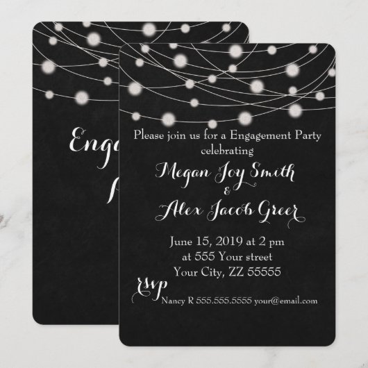 Chalkboard and String Lights婚約パーティ 招待状 (正面/裏面)