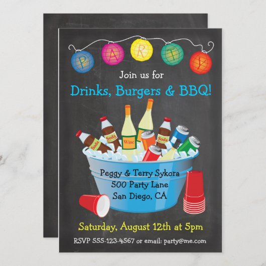 Chalkboard BBQパーティードリンク招待状 招待状 (正面/裏面)
