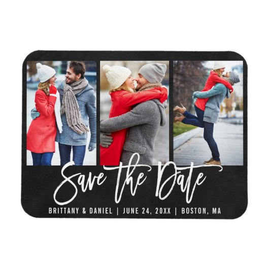 Chalkboard Brush Script 3 Photo Save The Date マグネット (横)