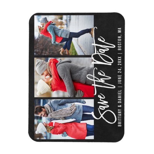 Chalkboard Brush Script 3 Photo Save The Date マグネット (縦)