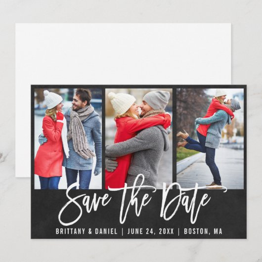 Chalkboard Brush Script 3 Photo Save The Date 招待状 (正面/裏面)