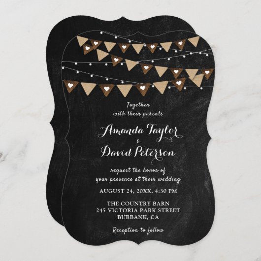Chalkboard Burlap Bunting String Lights 結婚's 招待状 (正面/裏面)
