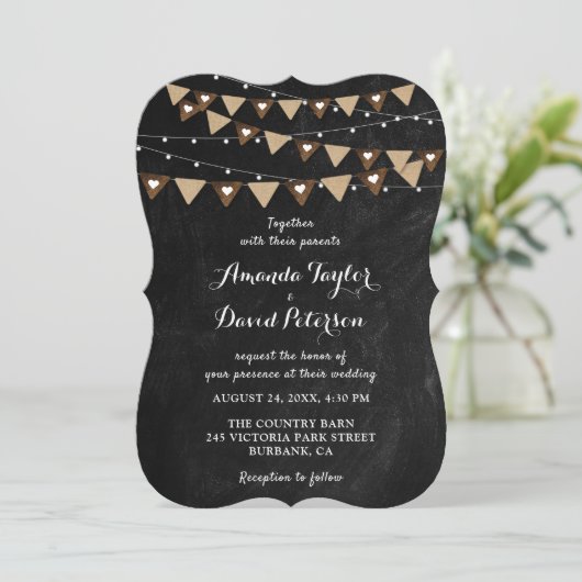Chalkboard Burlap Bunting String Lights 結婚's 招待状 (スタンド正面)