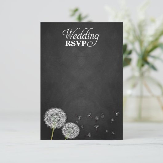 Chalkboard Dandelion Vintage Wedding RSVPカード (スタンド正面)