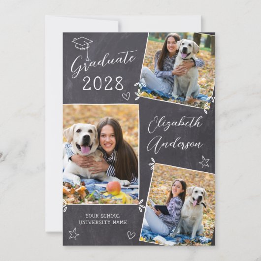 Chalkboard Doodle 3写真卒業ユニーク 案内状 (正面)