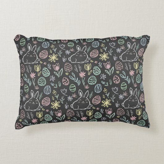 Chalkboard Easter Bunny Doodle Pattern アクセントクッション (正面)