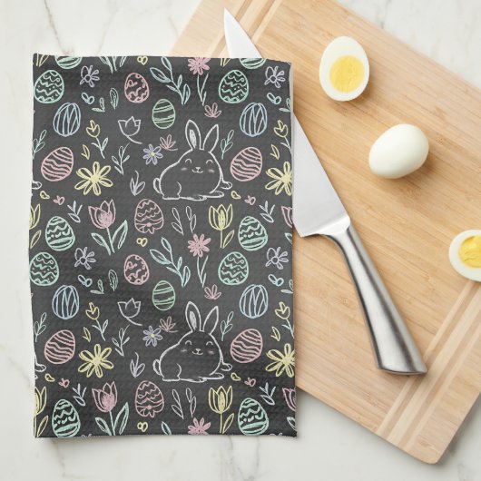 Chalkboard Easter Bunny Doodle Pattern キッチンタオル (四つ折り)
