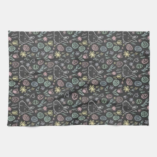 Chalkboard Easter Bunny Doodle Pattern キッチンタオル (横)