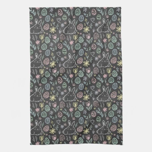 Chalkboard Easter Bunny Doodle Pattern キッチンタオル (縦)