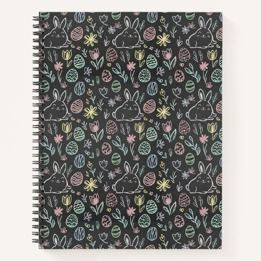 Chalkboard Easter Bunny Doodle Pattern ノートブック (正面)