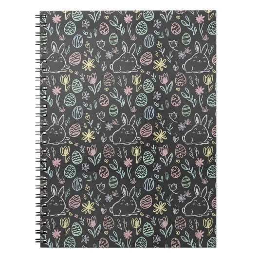 Chalkboard Easter Bunny Doodle Pattern ノートブック (正面)