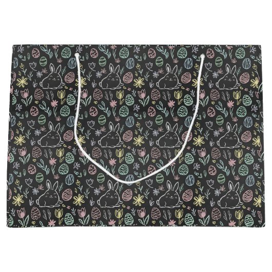 Chalkboard Easter Bunny Doodle Pattern Wrapping  ラージペーパーバッグ (正面)