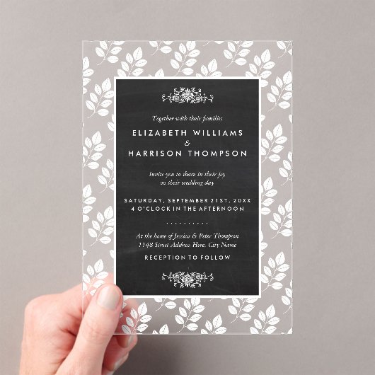 Chalkboard Floral Leaf Wedding アクリル招待状 (インサイチュ (ポータブル))