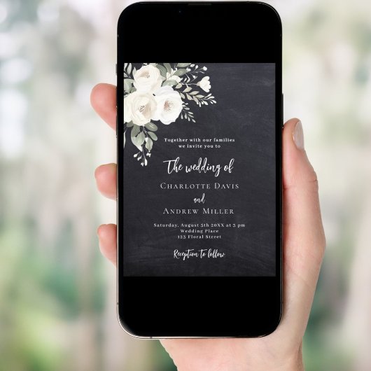 Chalkboard gray white roses wedding 招待状