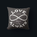 Chalkboard Infinity 結婚 Loveの日付と名前 クッション<br><div class="desc">この祝カスタマイズ可能な枕でお気に入りの、新郎新婦の無限の愛！白いチョークのインフィニティシンボルと「いつも愛」文字が、黒い黒板の背景結婚に、カップルの名前と日付を取り囲んでいる。美しい、モダン贈り物パーソナライズされた。</div>