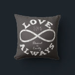 Chalkboard Infinity 結婚 Loveの日付と名前 クッション<br><div class="desc">この祝カスタマイズ可能な枕でお気に入りの、新郎新婦の無限の愛！白いチョークのインフィニティシンボルと「いつも愛」文字が、黒い黒板の背景結婚に、カップルの名前と日付を取り囲んでいる。美しい、モダン贈り物パーソナライズされた。</div>