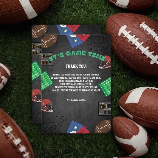 Chalkboard It's Game Time Football Baby Shower サンキューカード