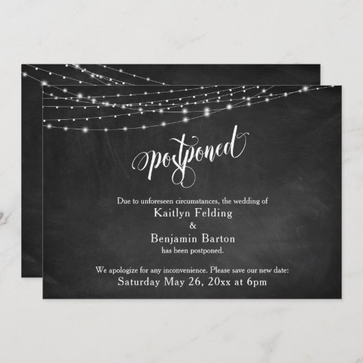 Chalkboard & Lightsが発表を結婚延期 招待状 (正面/裏面)